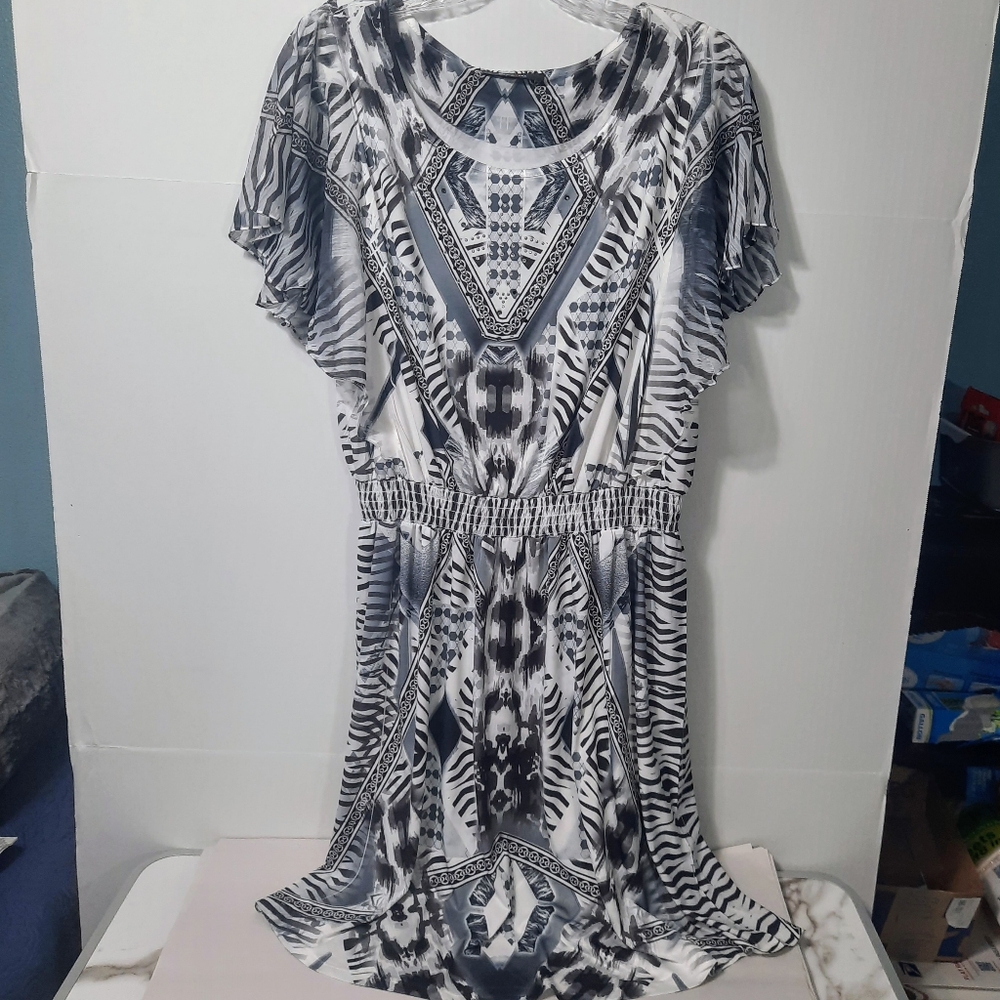 Style & Co Dress XL Black White Fit & Flare Wing Sleeve Midi Elastic Waist